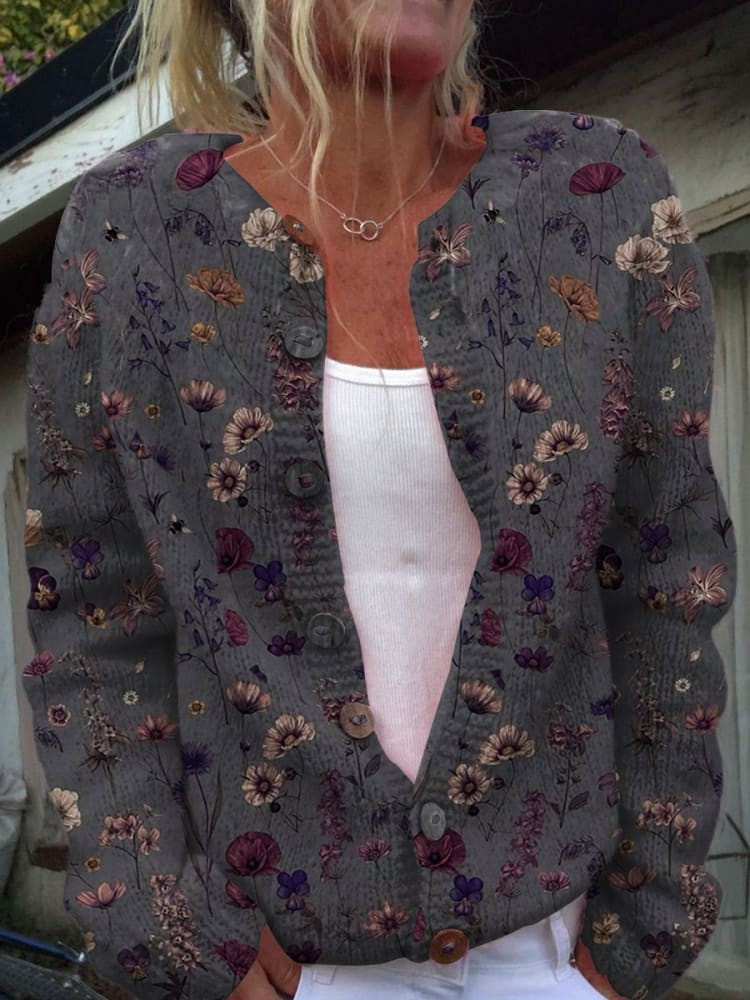 Floral Art Print Buttoned Cardigan Sweater