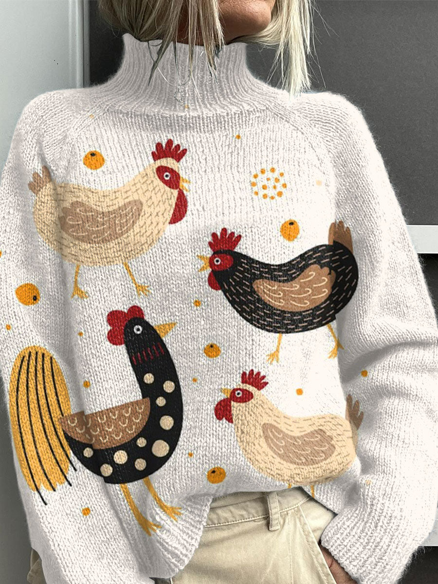 Funny Chicken Art Print Knit Turtleneck Pullover Sweater