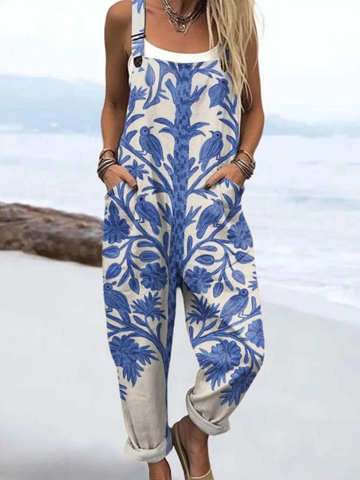 Women's Vintage Floral Art Print Casual Linen V-neck Shirt