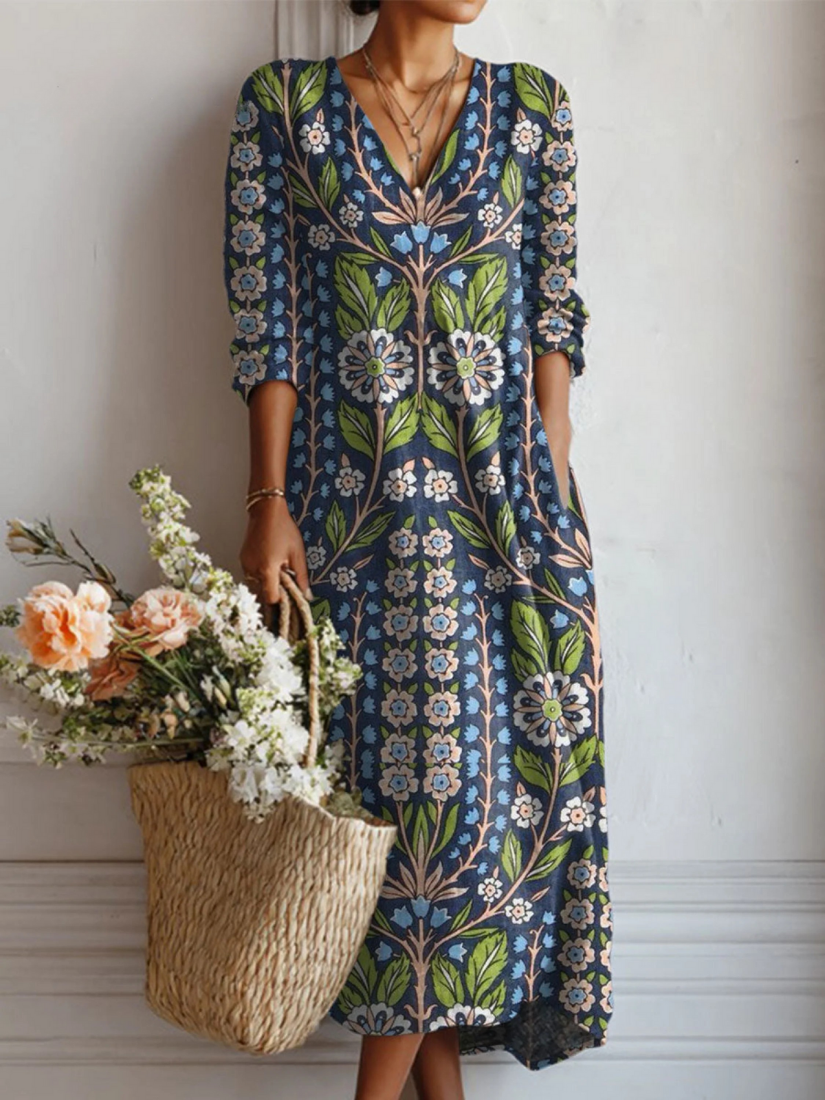 Women's Vintage Flower Art Print Linen Pocket Tunic Dress