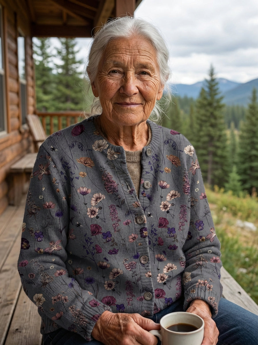 Floral Art Print Buttoned Cardigan Sweater