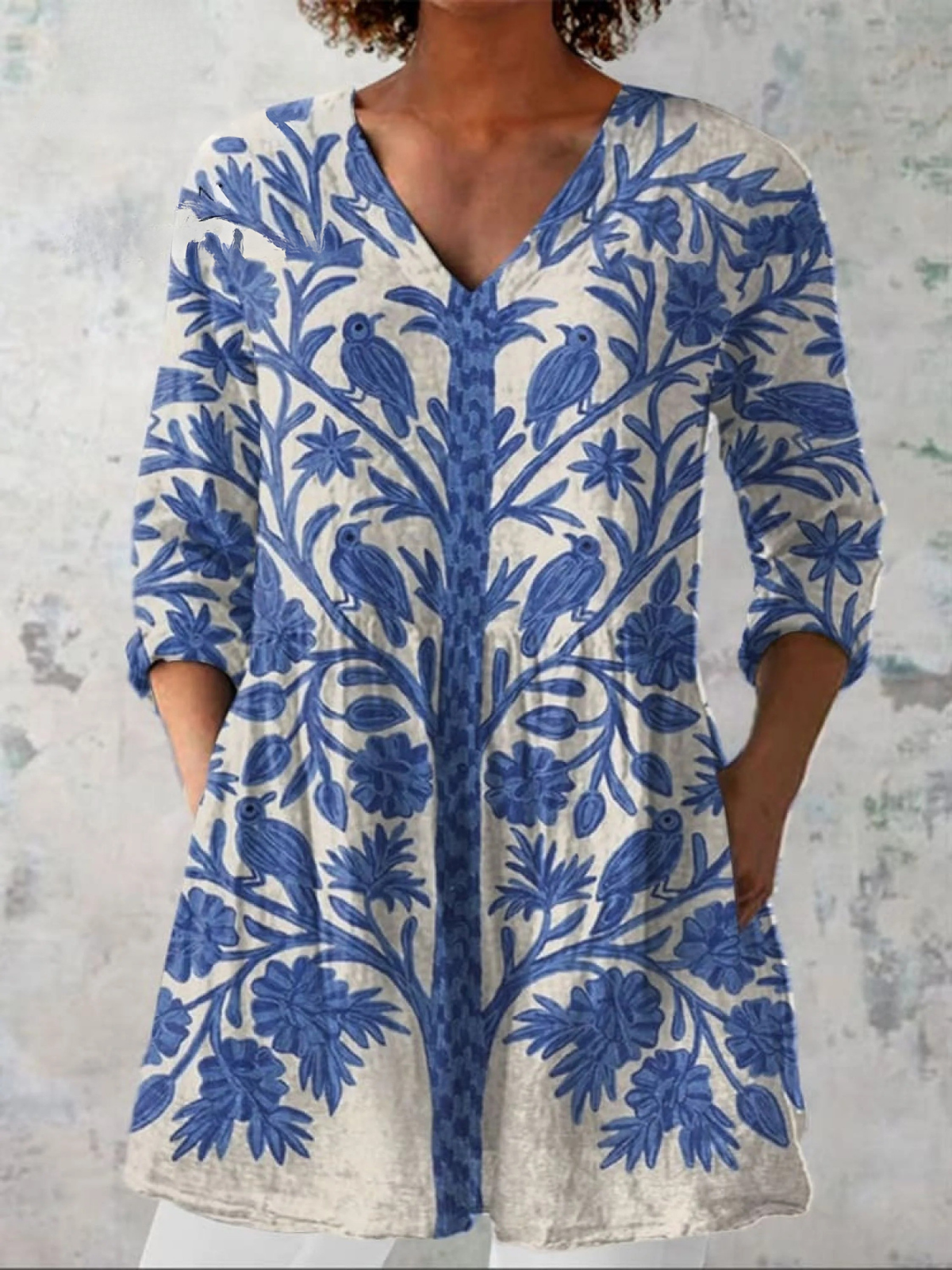 Women's Vintage Floral Art Print Casual Linen V-neck Shirt