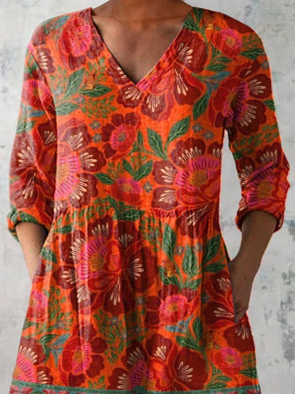 Ethnic Style Summer Floral Pattern Printed Women's Casual Linen V-Neck Tunic