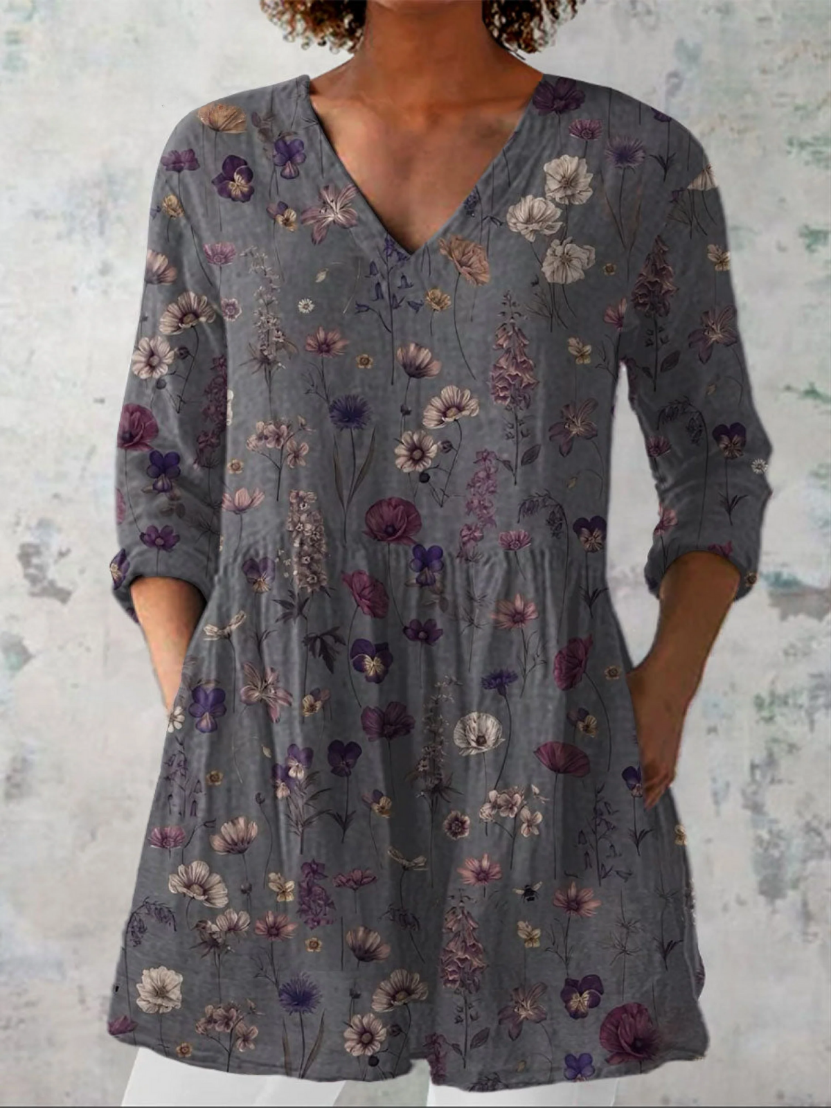 Women's Flowers Art Print Casual Linen V-neck Tunic