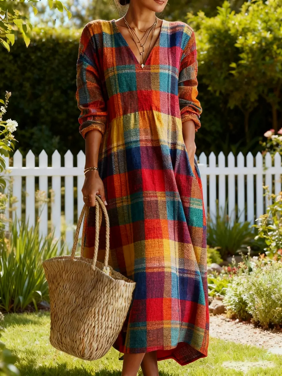 Women's Vintage Plaid Art Print Linen Pocket Tunic Dress