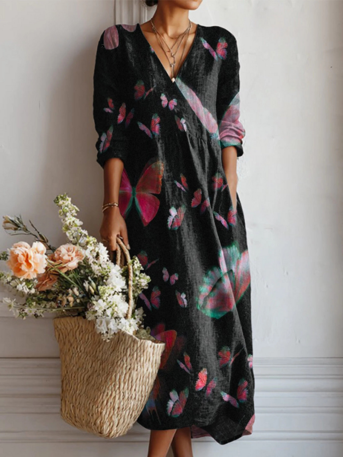 Women's Black Butterfly Print Linen Pocket Tunic Dress