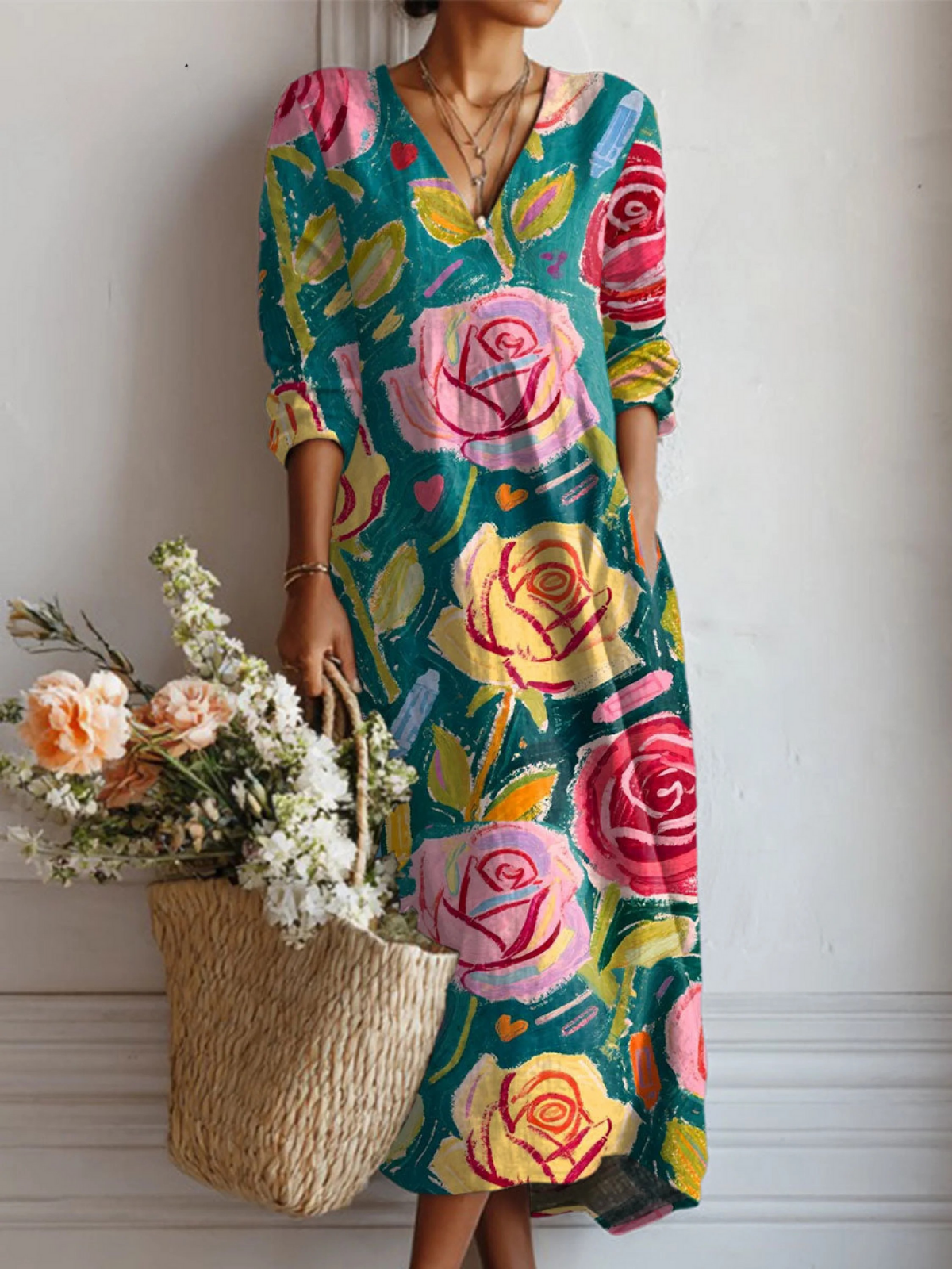 Women's Vintage Flower Art Print Linen Pocket Tunic Dress