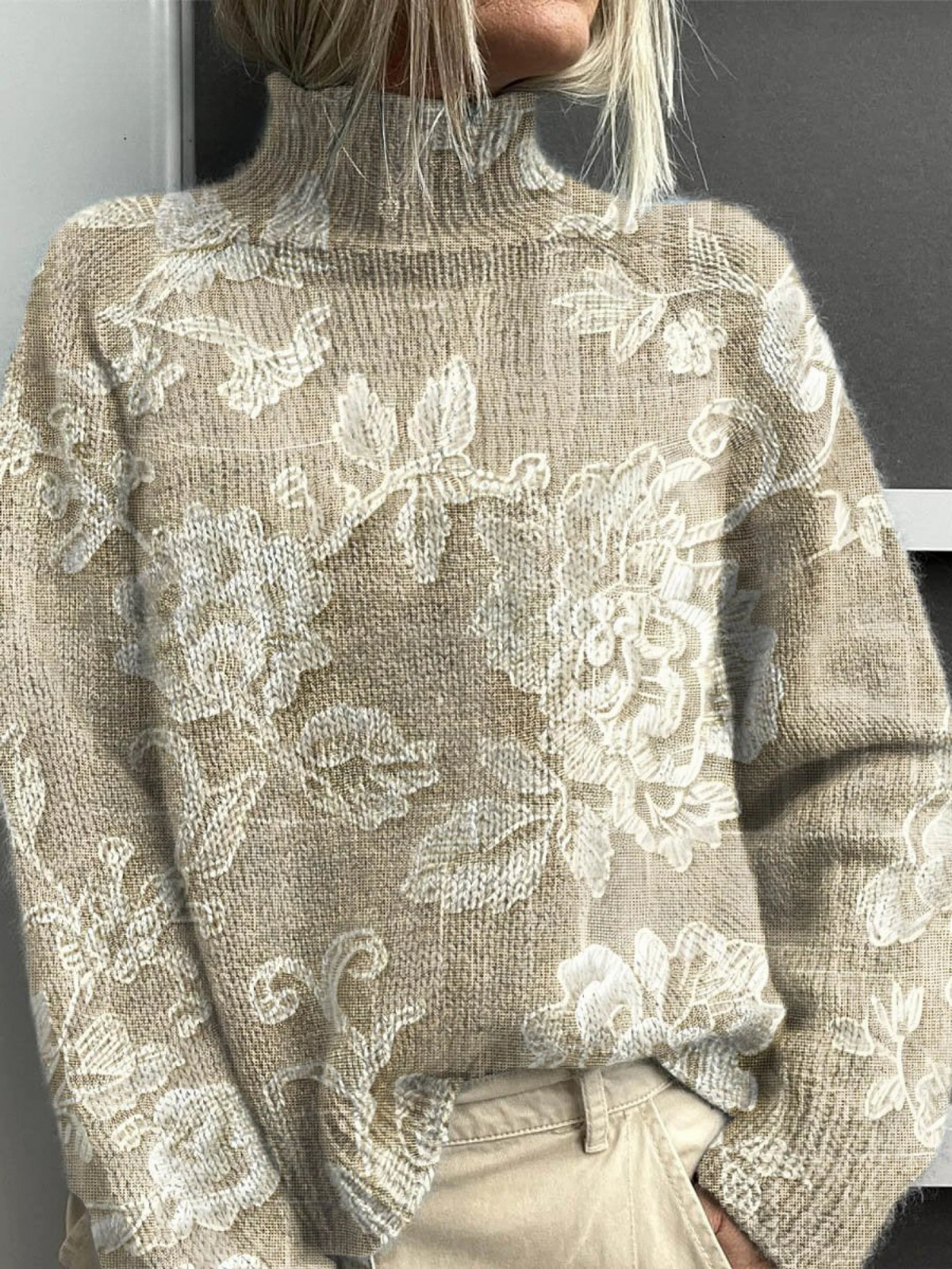 Women's Vintage Lovely Floral Art Print Knit Turtleneck Pullover Sweater