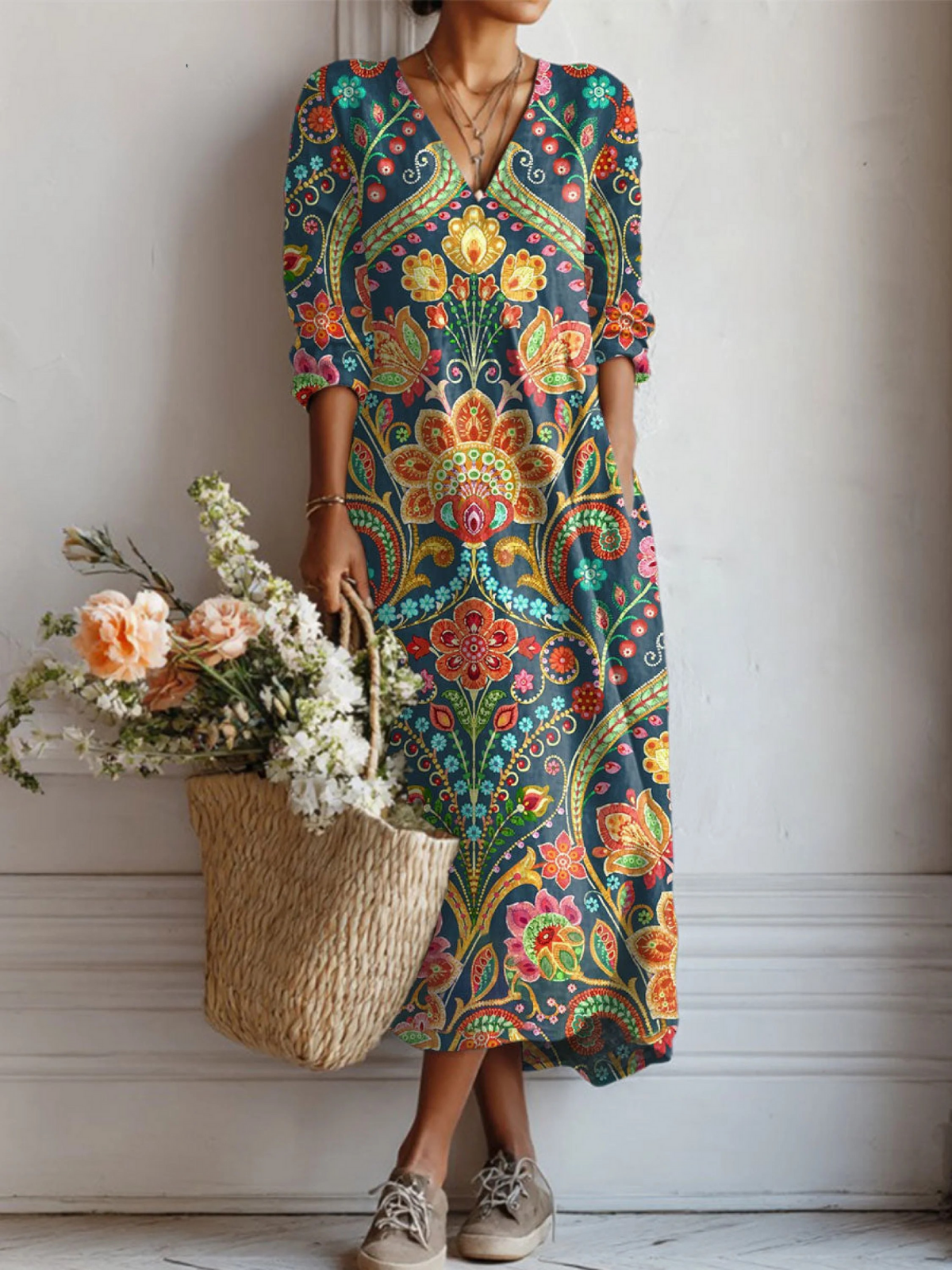 Women's Vintage Flower Art Print Linen Pocket Tunic Dress