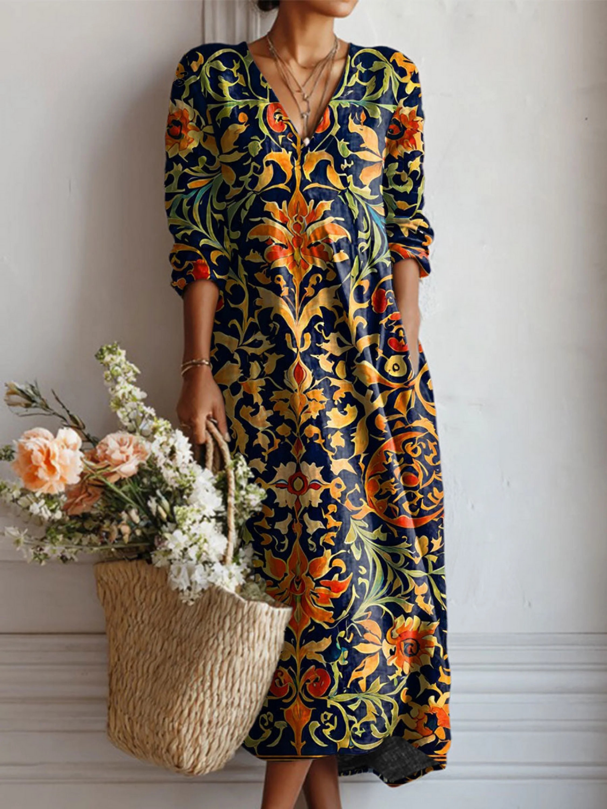 Women's Vintage Flower Art Print Linen Pocket Tunic Dress