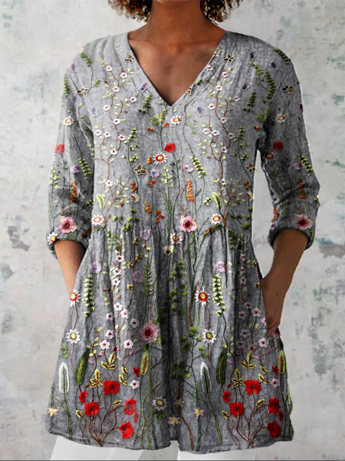 Women's Vintage Floral Art Print Casual Cotton Linen V-neck Tunic