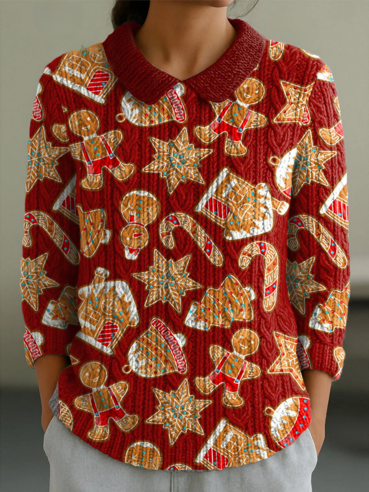 Women's Christmas Gingerbread Man Print Casual Peter Pan Collar 3/4 Sleeve Sweater