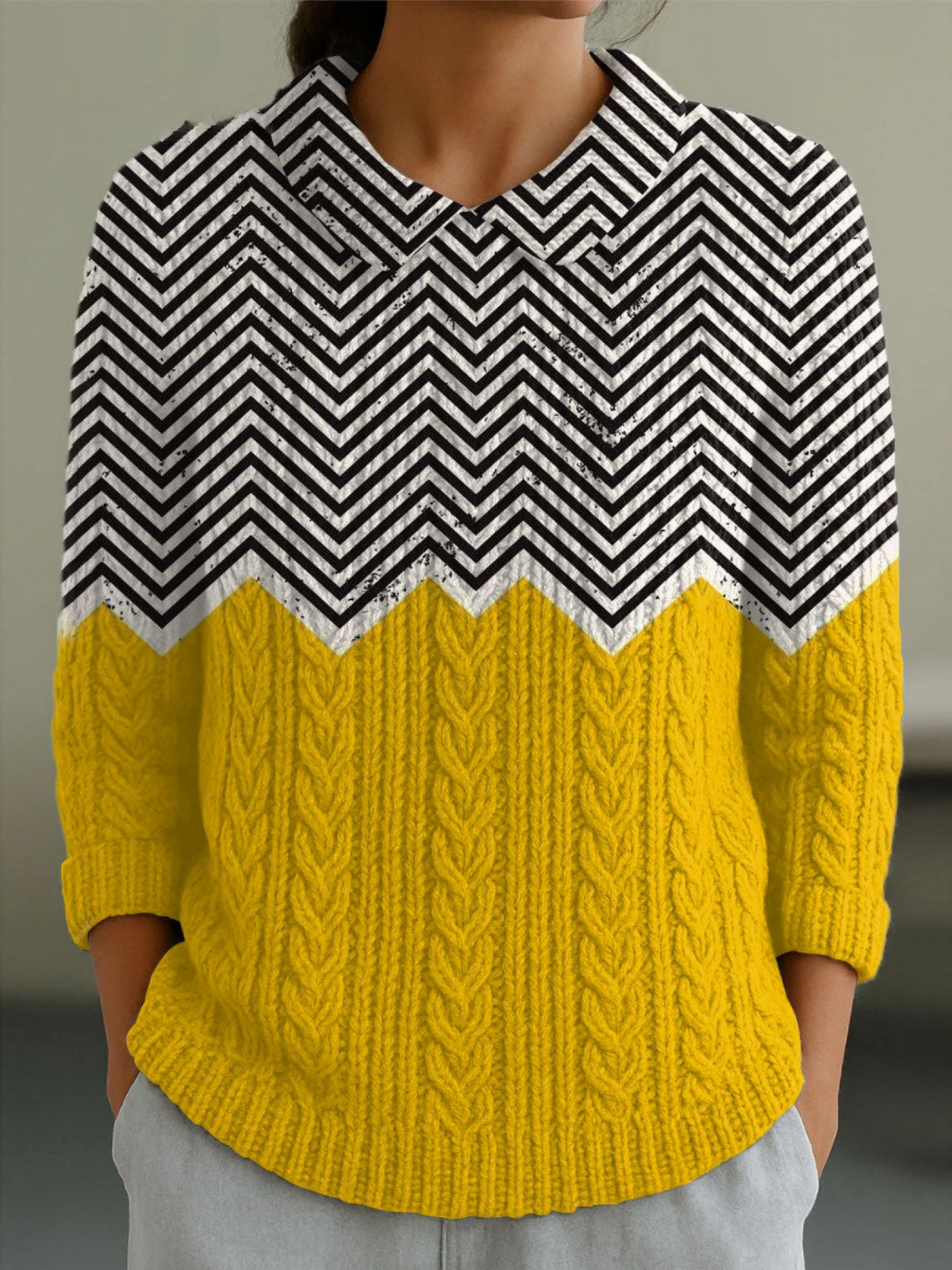 Women's Vintage Abstract Geometric Art Print Casual Peter Pan Collar 3/4 Sleeve Sweater