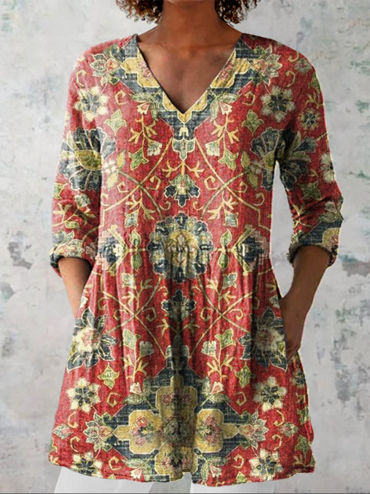 Women's Vintage Floral Art Print Casual Cotton Linen V-neck Tunic