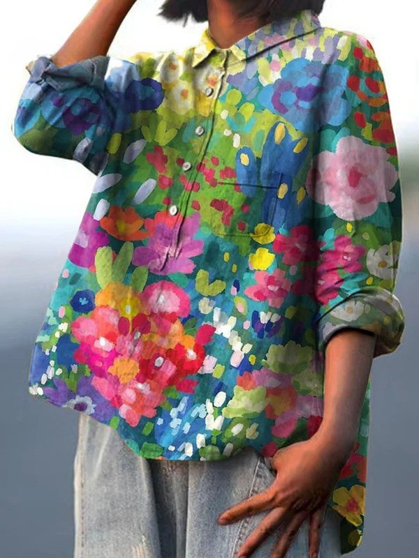 Women's Vintage Lovely Floral Art Print Casual Cotton And Linen Shirt