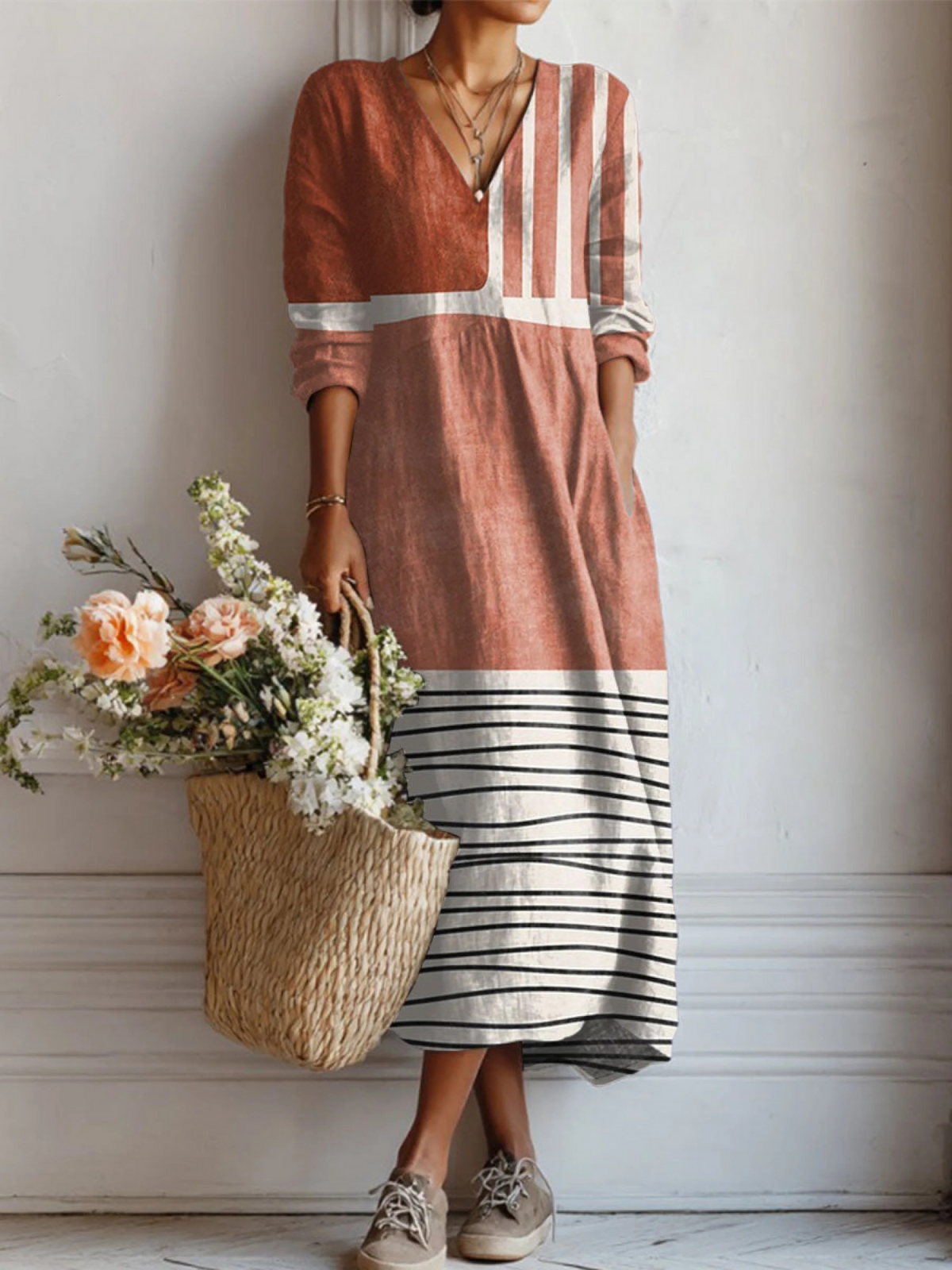 Women's Vintage Abstract Geometry Art Print Linen Pocket Tunic Dress