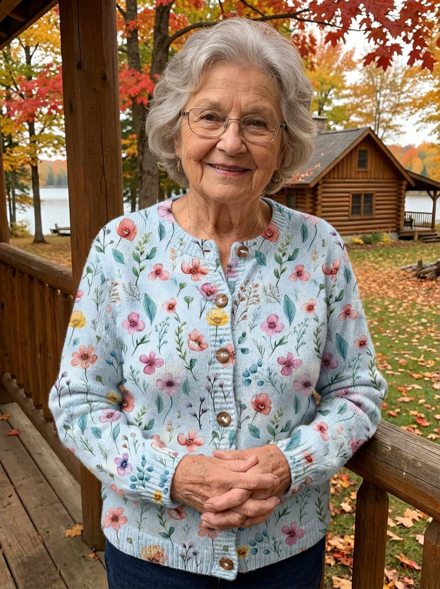 Vintage Flower Art Print Buttoned Cardigan Sweater