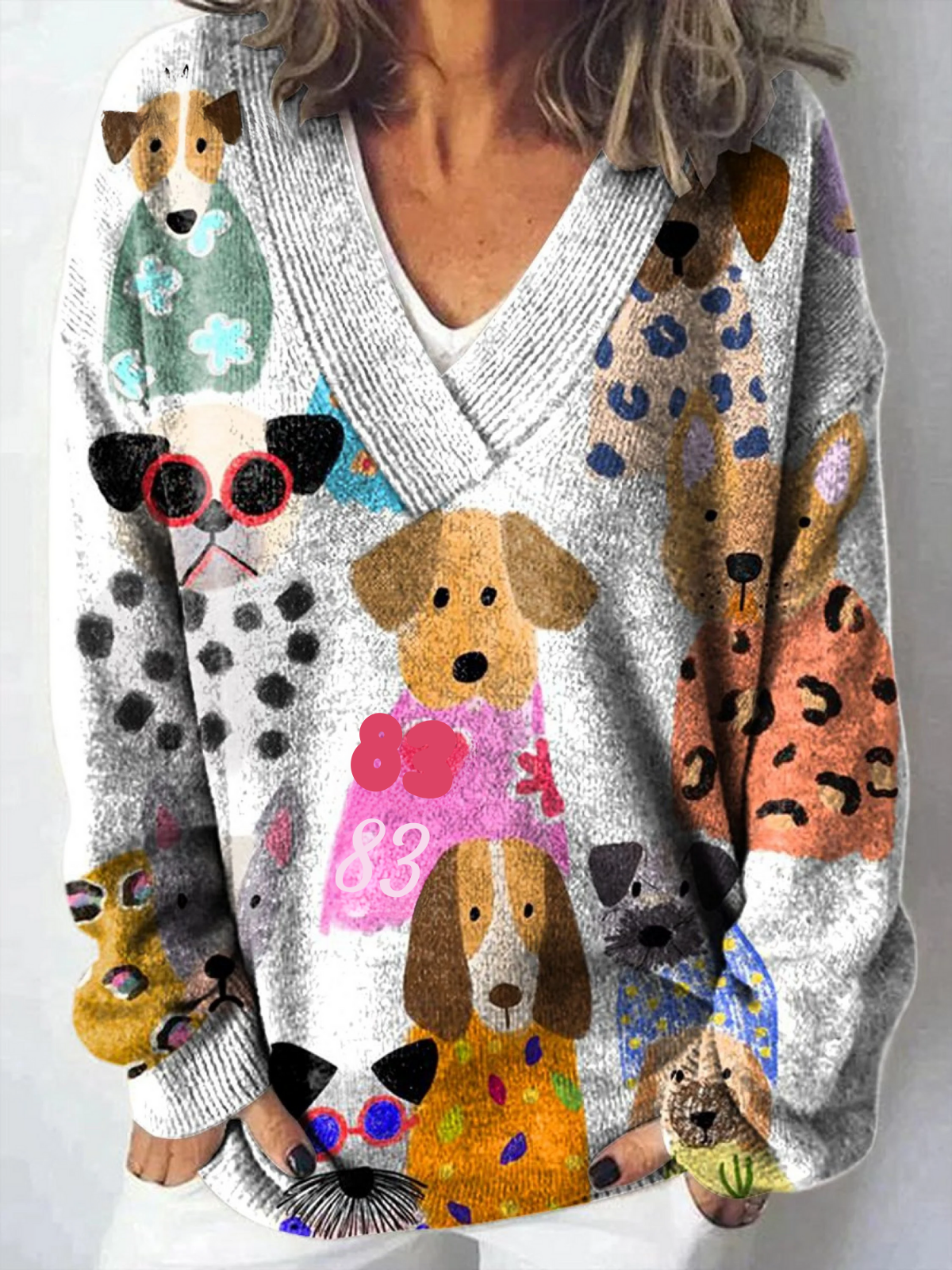 Multi-colored Cartoon Dog Print Knit V-neck Pullover Sweater
