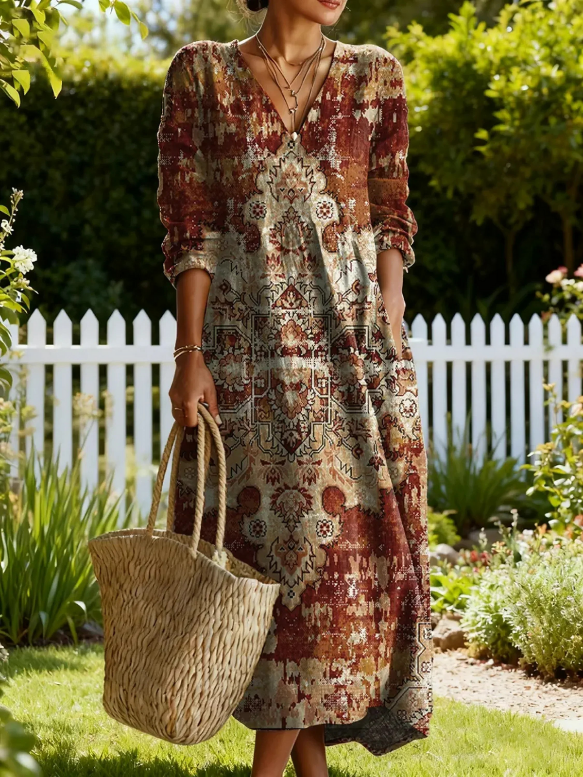 Women's Vintage Flower Art Print Linen Pocket Tunic Dress