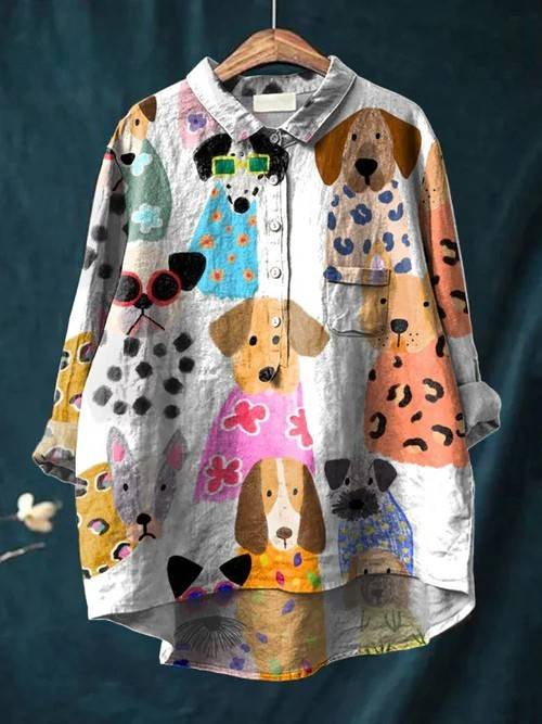 Women's Colorful Fun Cartoon Puppy Print Casual Linen Shirt