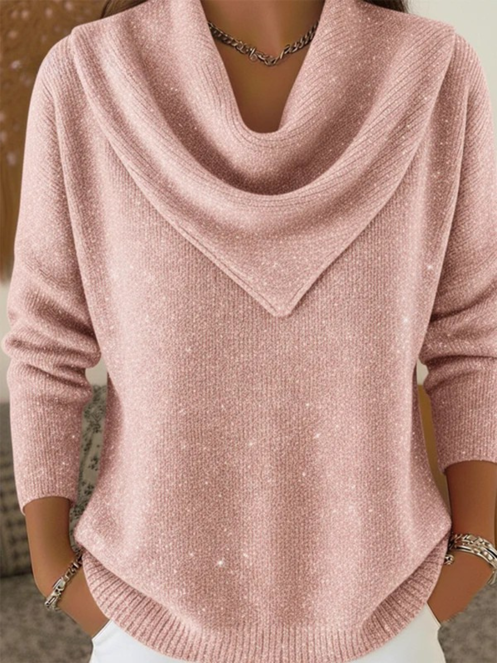 Vintage Soft Triangle Neck Sequined Shiny Sweater Top