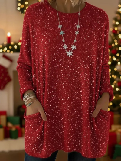 Christmas Sparkling Loose Pocket Pullover Sweater