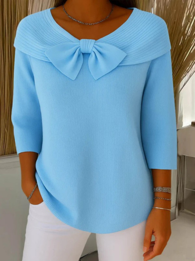 Women's Solid Color Round Neck 3/4 Sleeve Bow Casual Knit Pullover