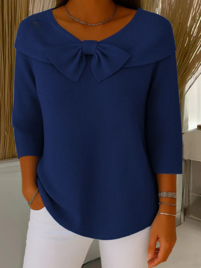 Women's Solid Color Round Neck 3/4 Sleeve Bow Casual Knit Pullover