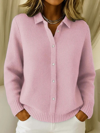 Women's Solid Color Shirt Collar Long Sleeve Waffle Knit Cardigan