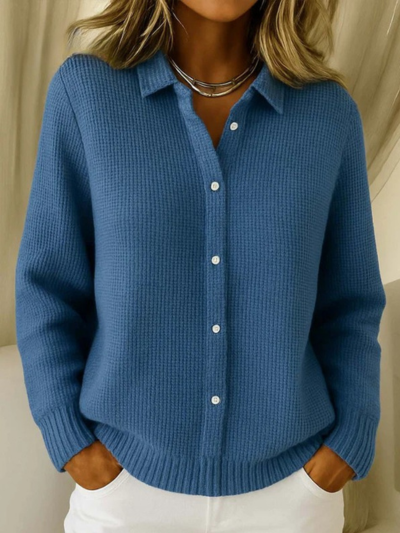 Women's Solid Color Shirt Collar Long Sleeve Waffle Knit Cardigan