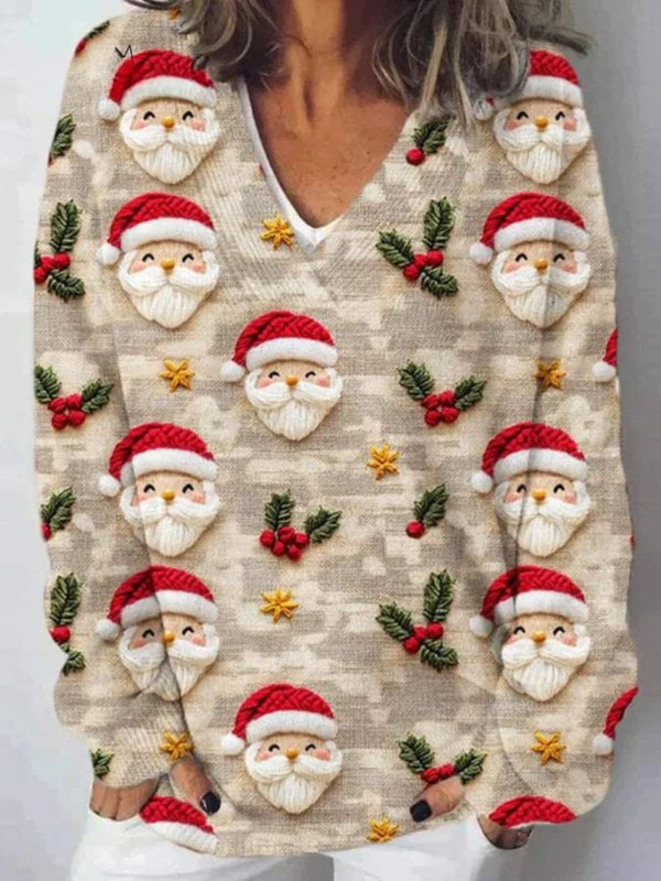 Lovely Christmas Santa Art Print Knit V-neck Pullover Sweater