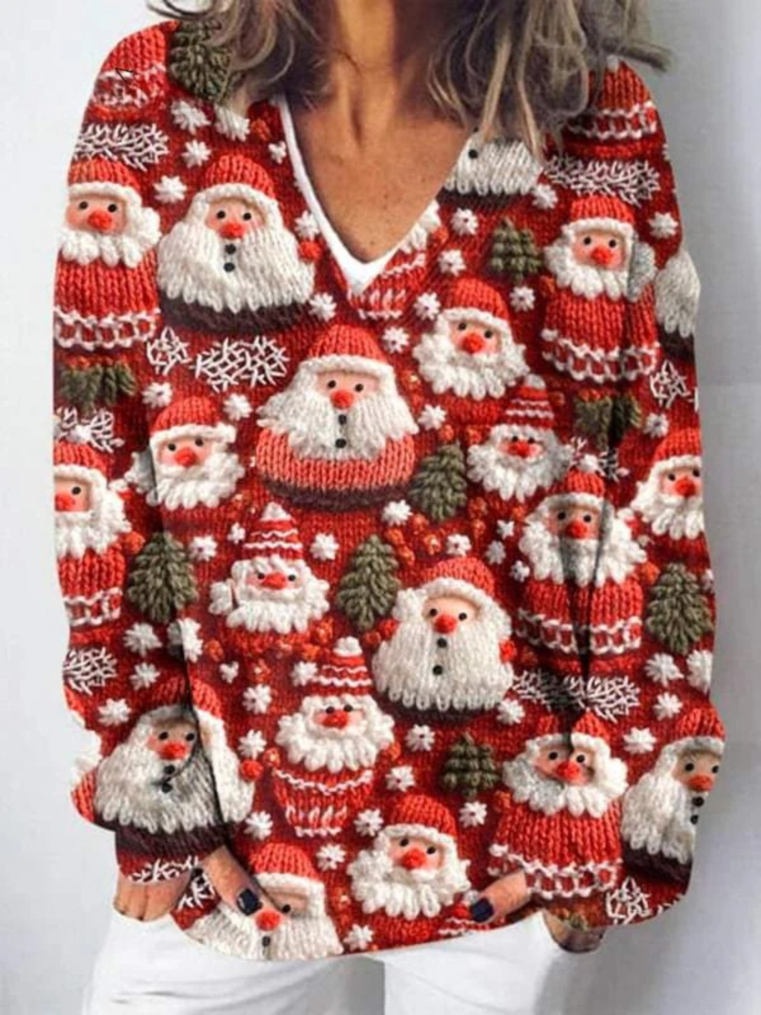 Lovely Christmas Santa Art Print Knit V-neck Pullover Sweater