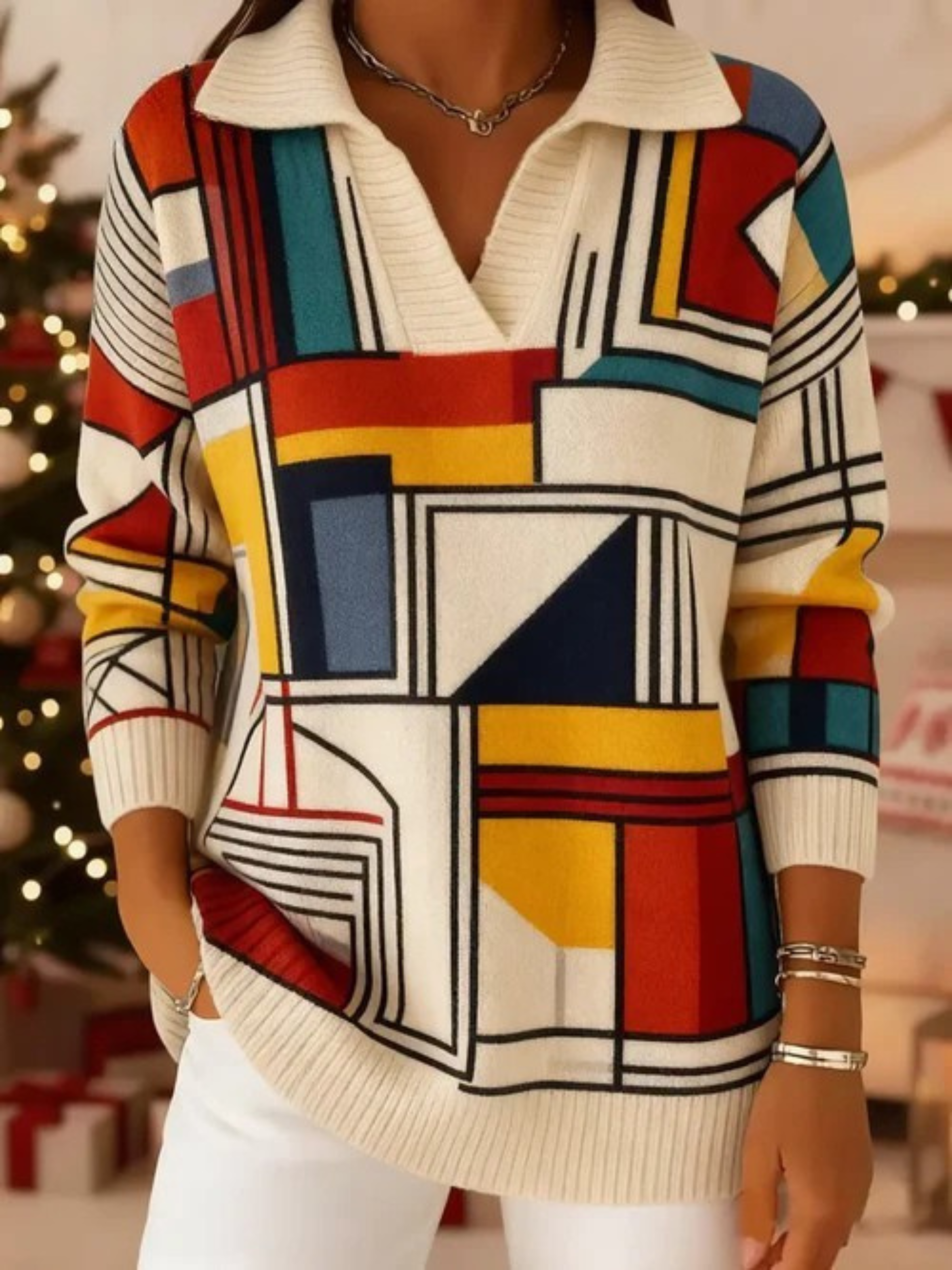 Women's Vintage Geometric Lines Art Print Casual Sweater