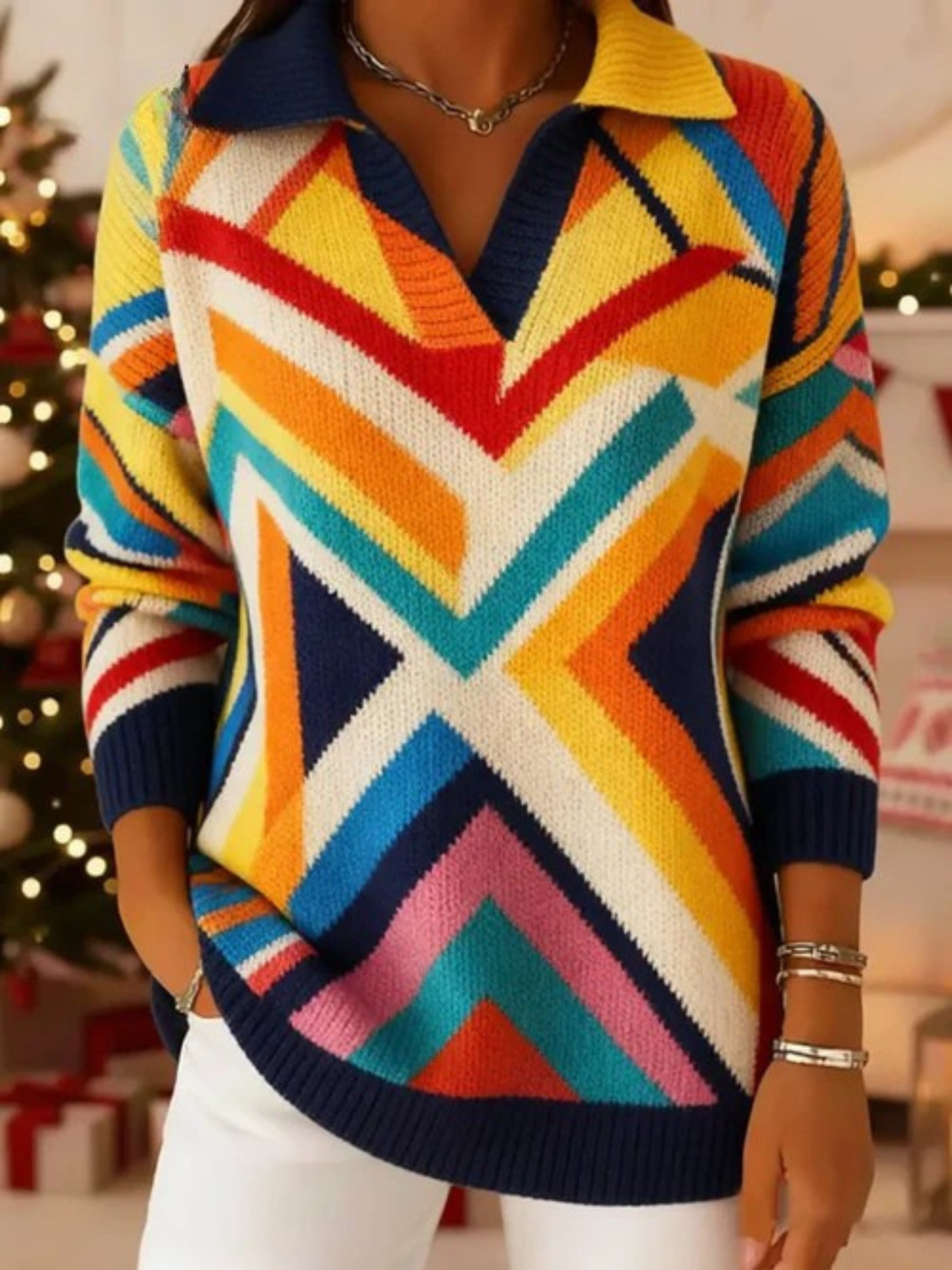 Women's Vintage Geometric Lines Art Print Casual Sweater