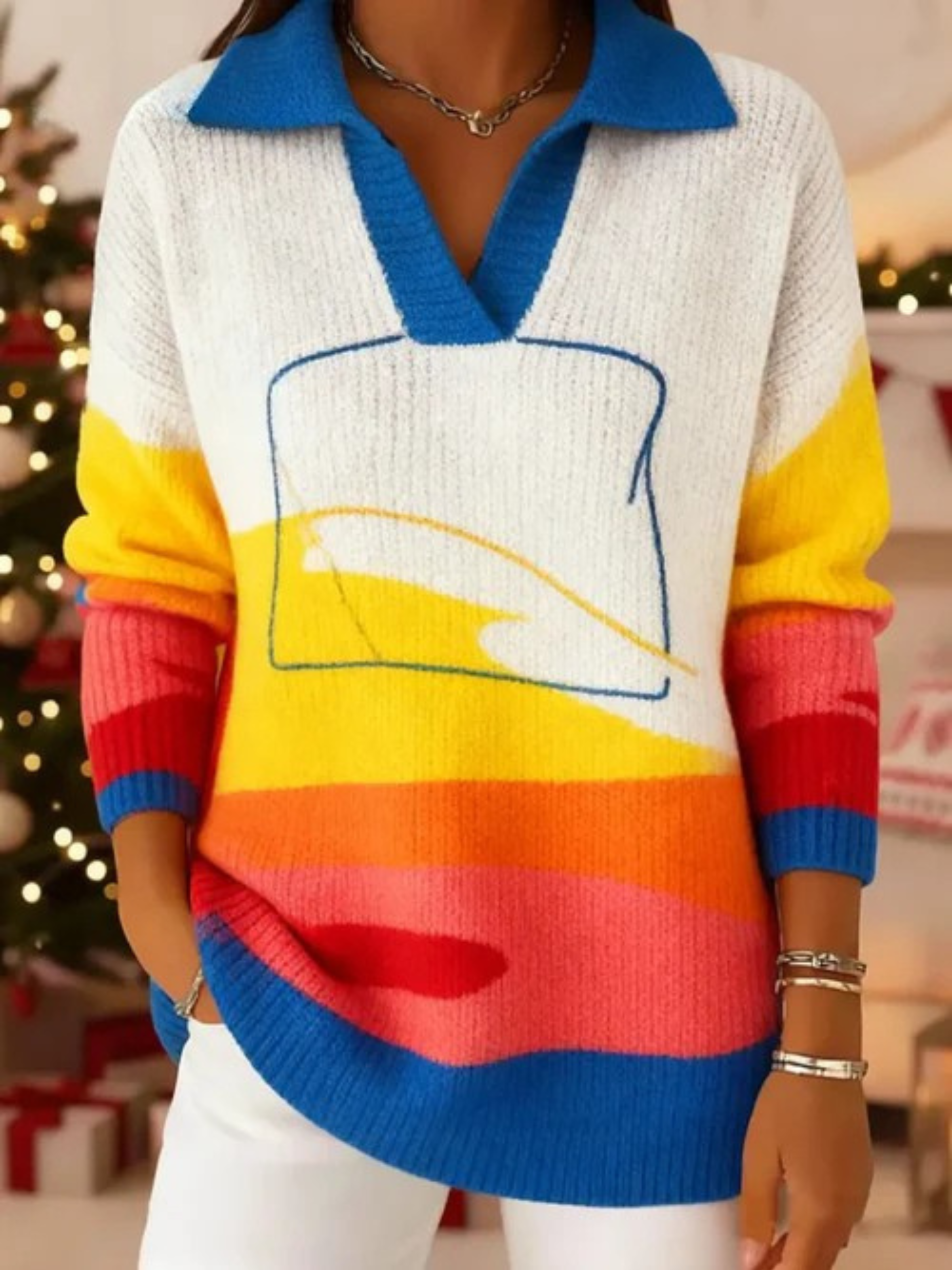 Women's Vintage Geometric Lines Art Print Casual Sweater