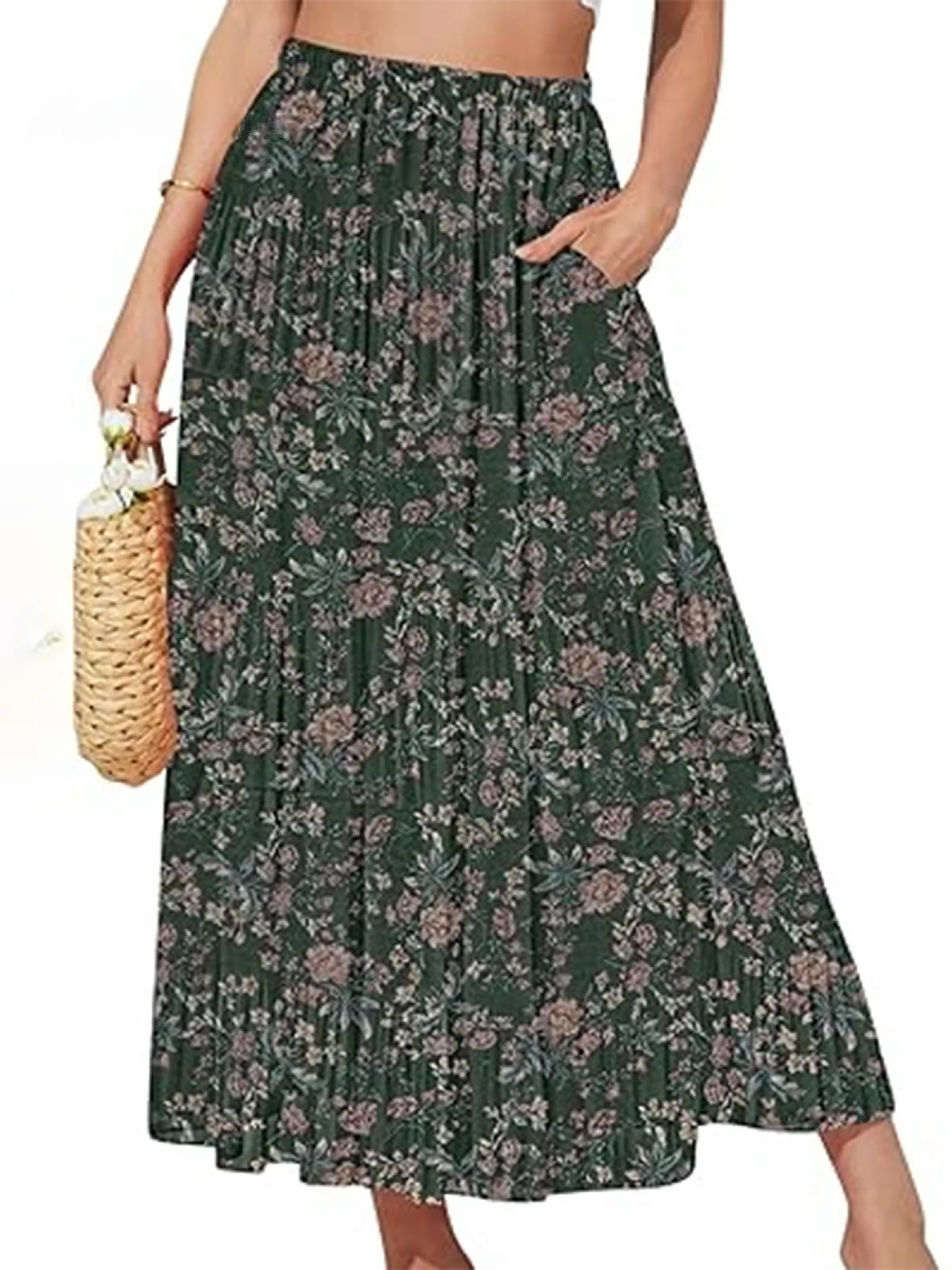 Autumn and Winter Floral Print Elastic Waist Skirt