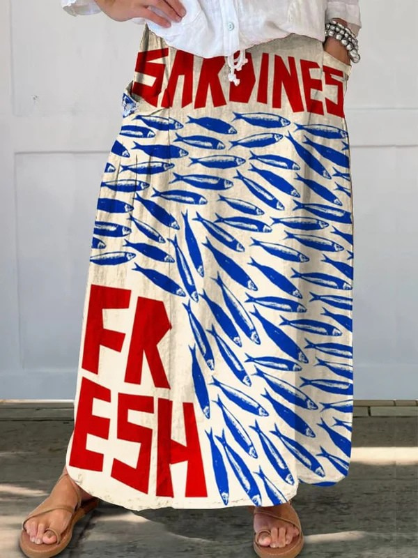 Women's Vintage Fish Sardines Art Print Linen Pocket Skirt