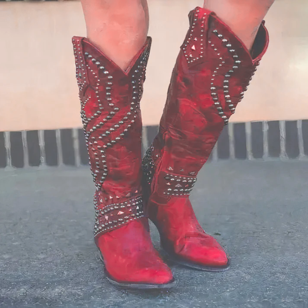 Alyssa | Women’s Studded Cowboy Boots with Chunky Heel