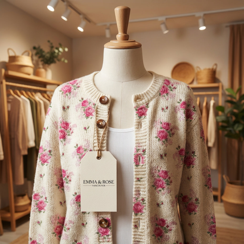 Watercolor French Rose Repeat Pattern Print Buttoned Cardigan Sweater