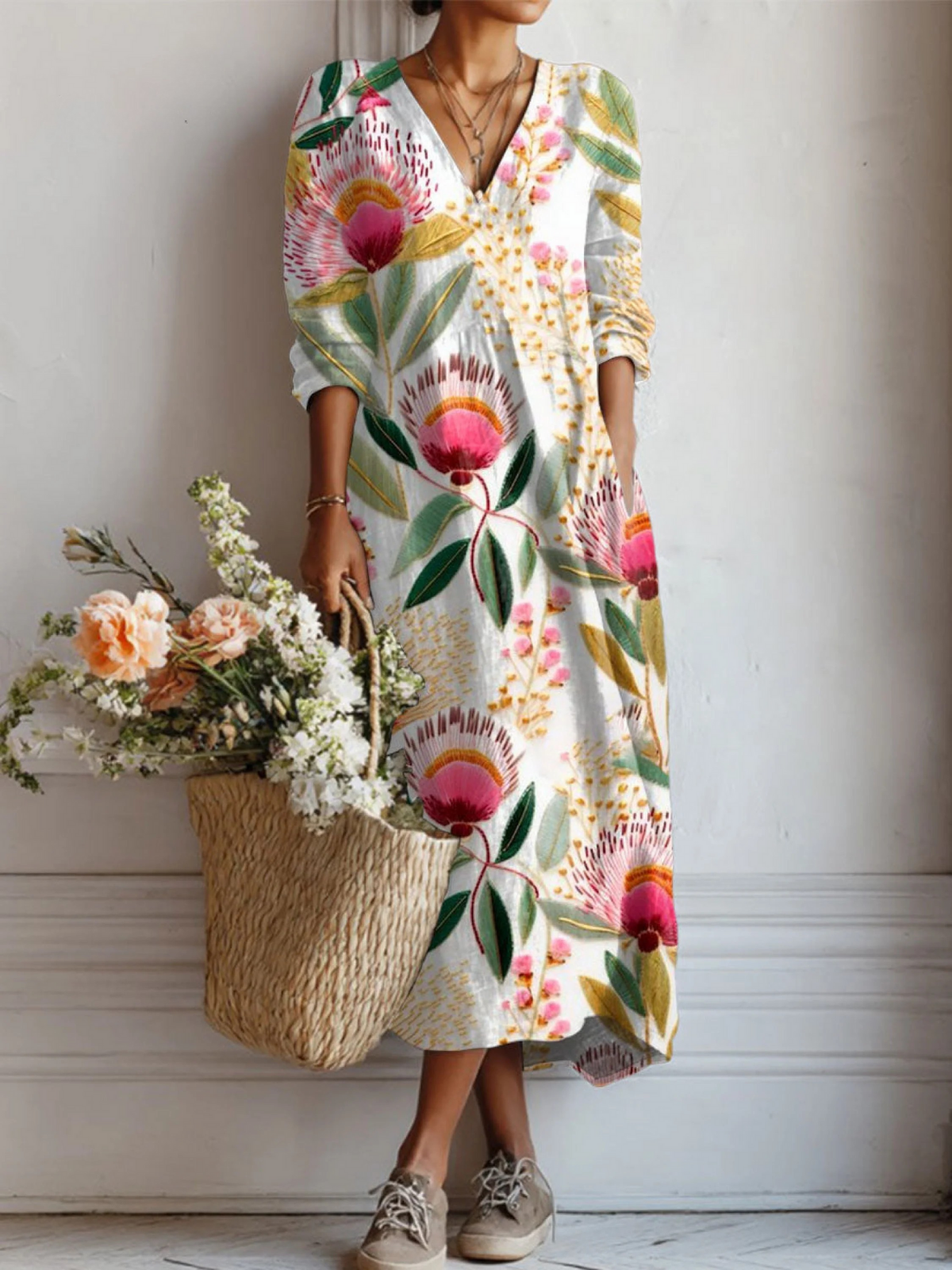 Women's Vintage Flower Art Print Linen Pocket Tunic Dress