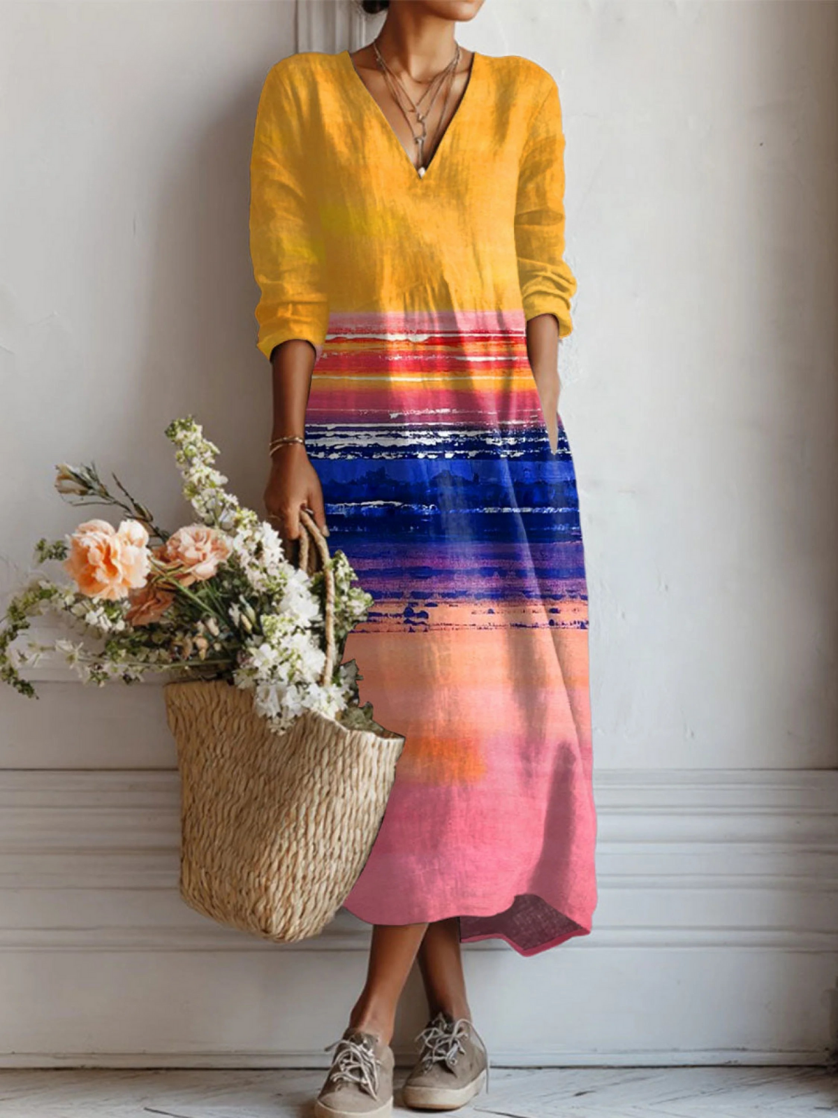 Women's Vintage Gradient Art Print Linen Pocket Tunic Dress