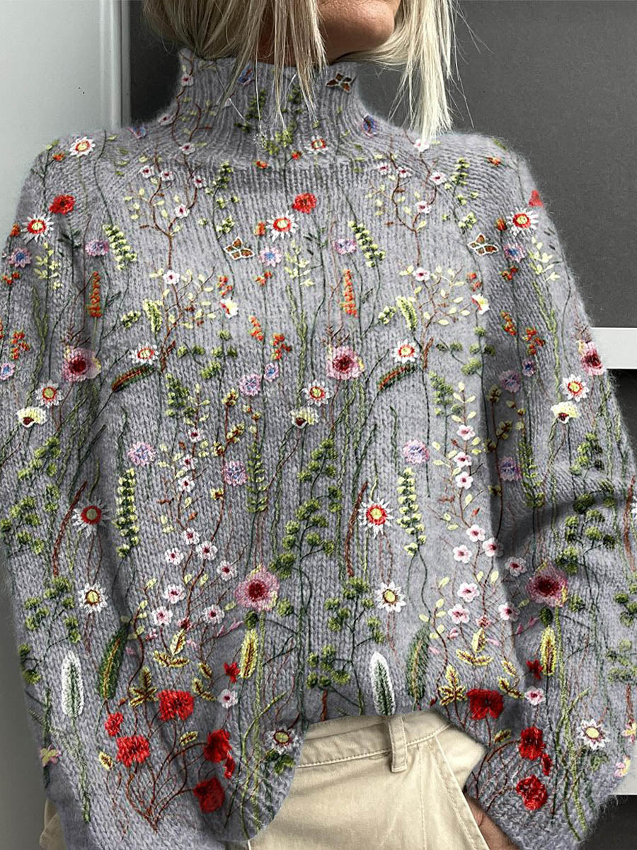 Women's Vintage Lovely Floral Art Print Knit Turtleneck Pullover Sweater
