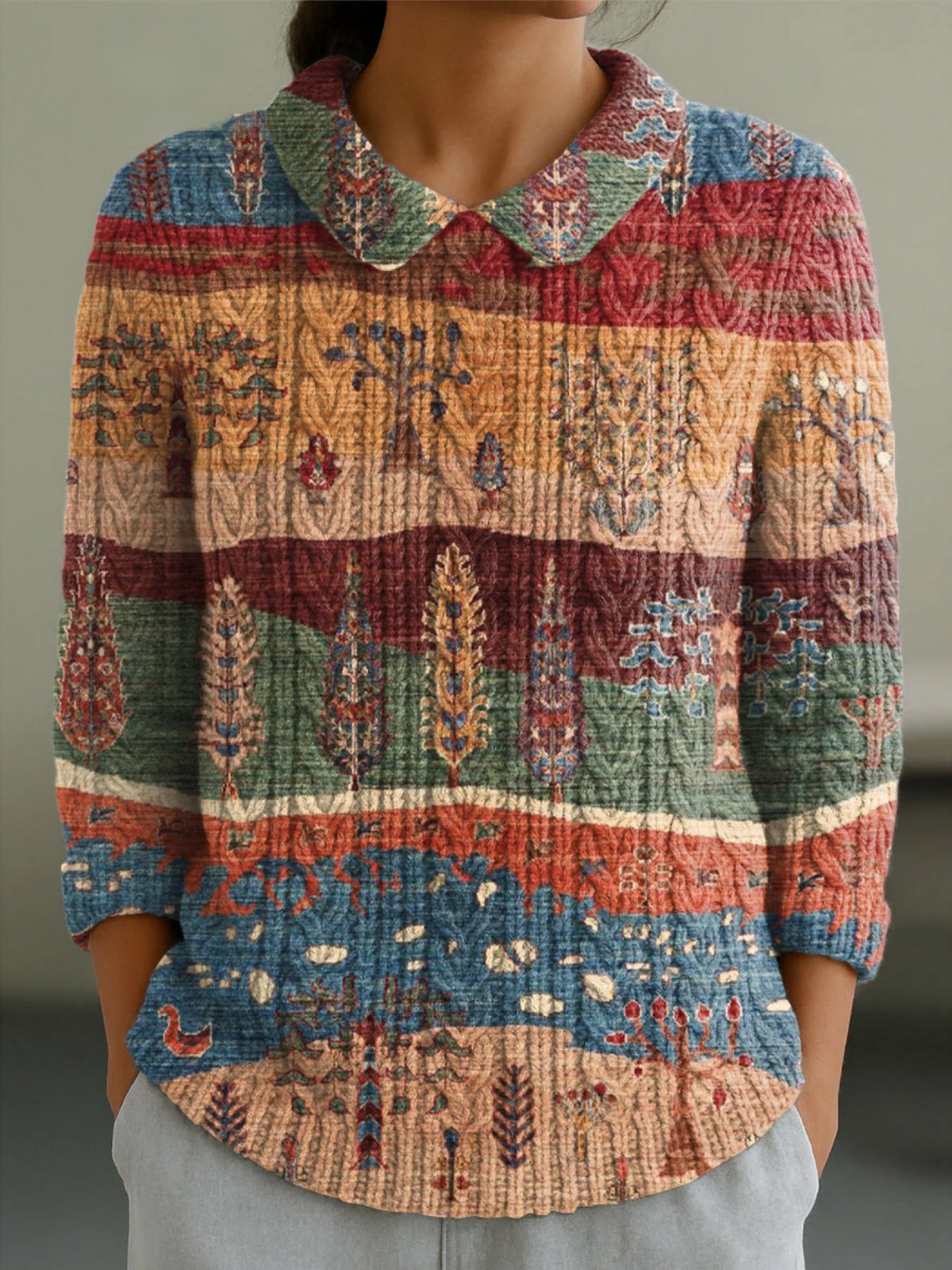 Women's Vintage Abstract Landscape Painting Art Print Casual Peter Pan Collar 3/4 Sleeve Sweater