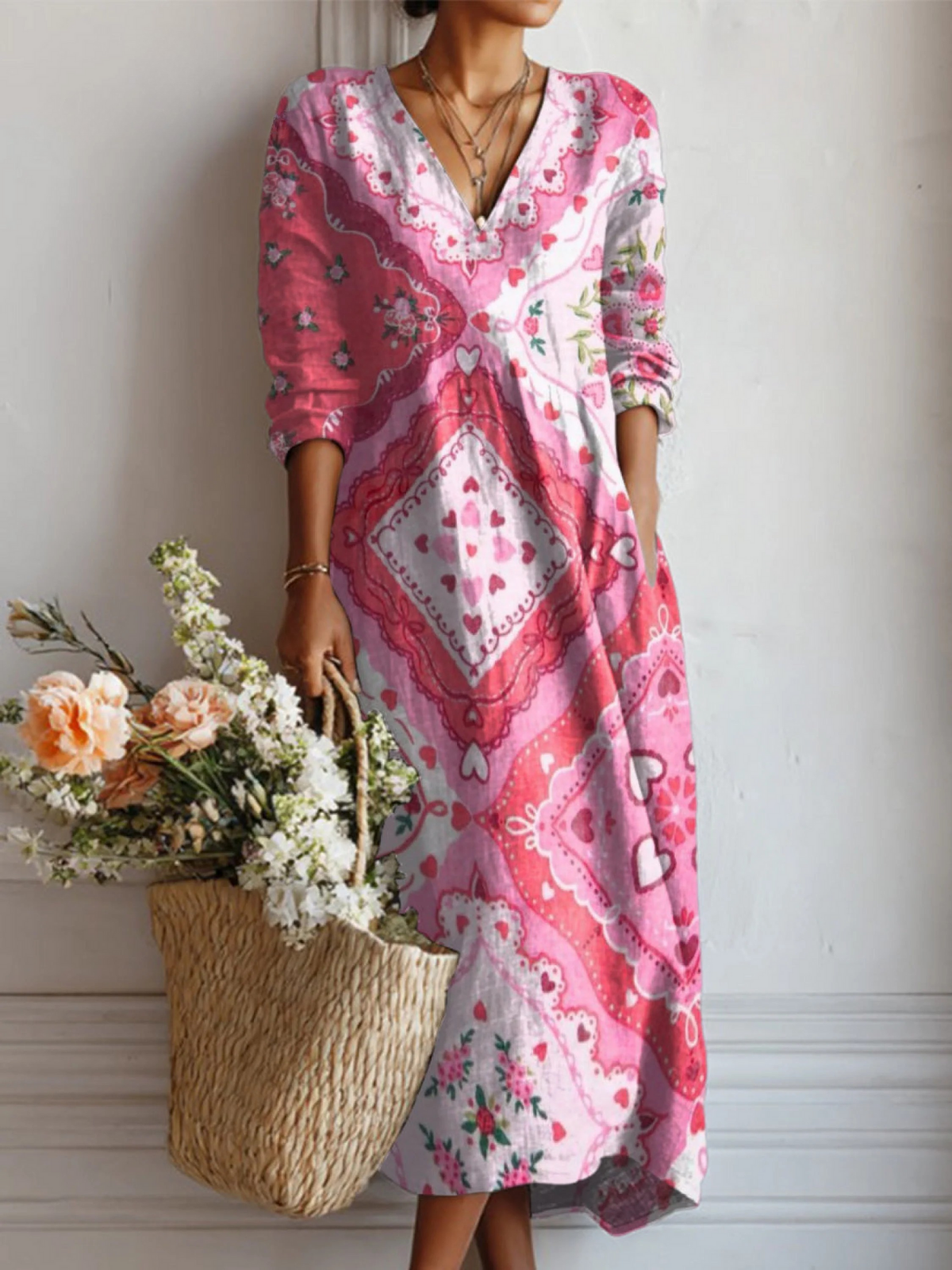 Women's Pink Irregular Totem Print Linen Pocket Tunic Dress