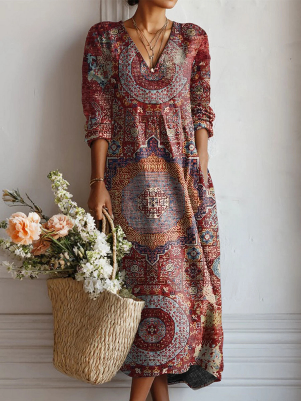 Women's Vintage Flower Art Print Linen Pocket Tunic Dress