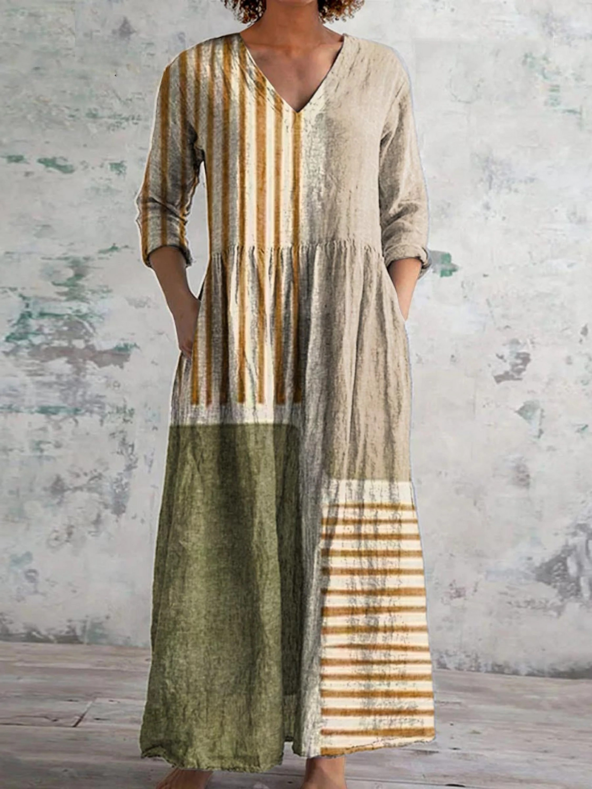 Women's Abstract Geometric Pattern Art Print Cotton Linen Pocket Tunic Dress