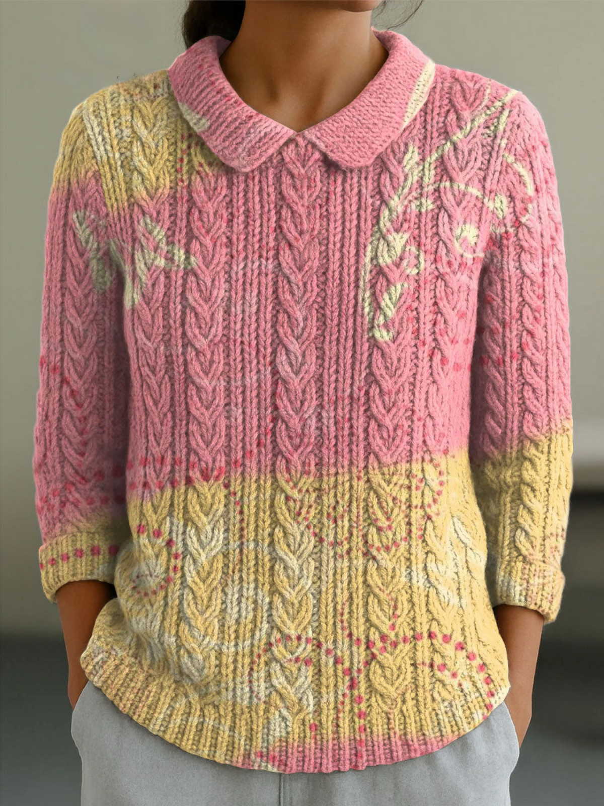 Women's Flowers Gradient Abstract Casual Print Peter Pan Collar 3/4 Sleeve Sweater