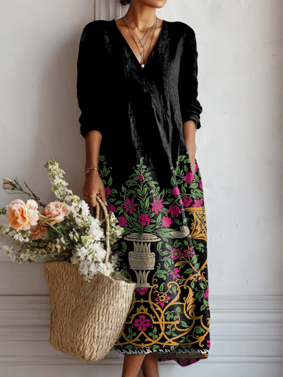 Women's Garden Print Linen Pocket Tunic Dress