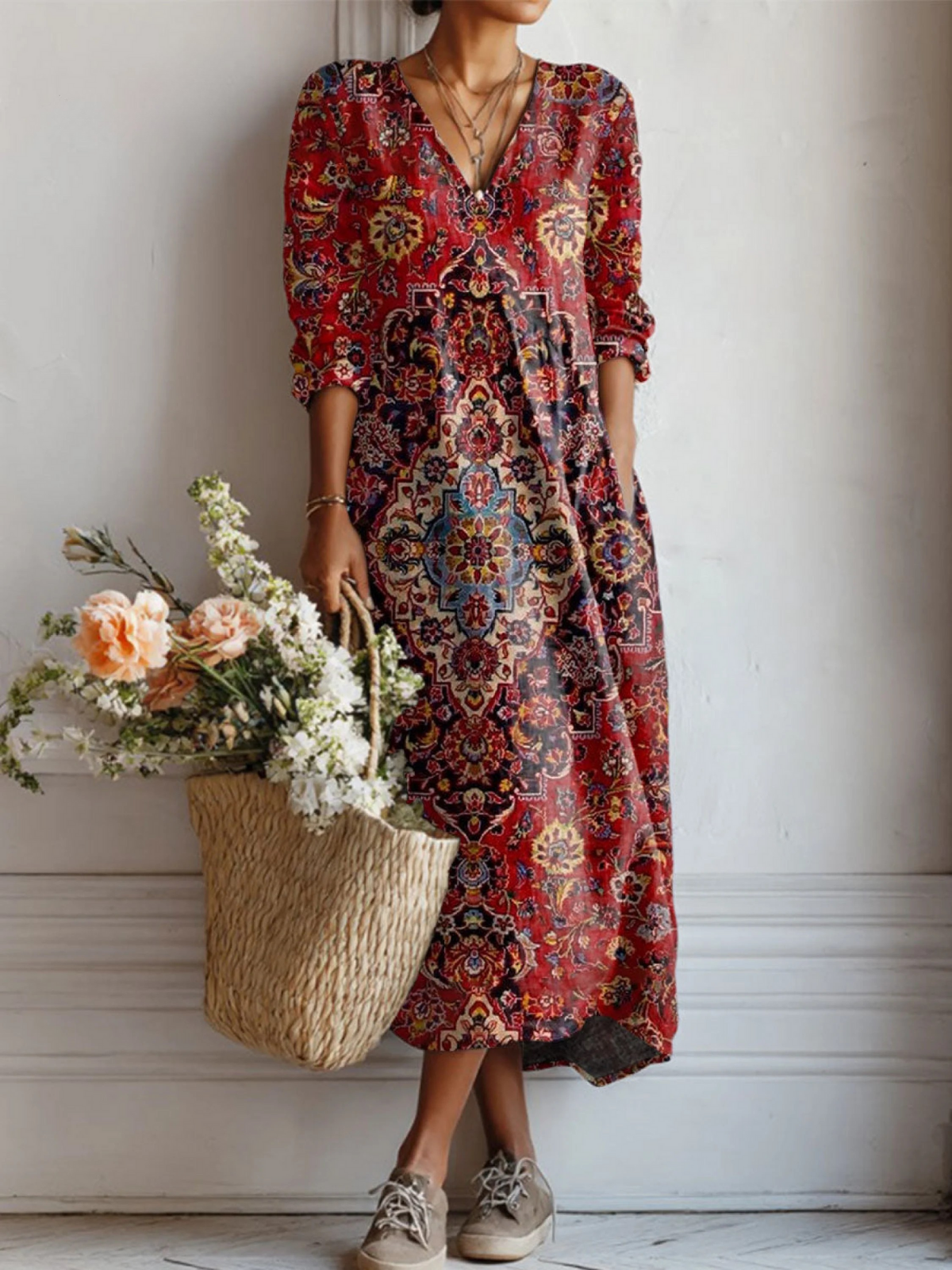 Women's Vintage Flower Art Print Linen Pocket Tunic Dress
