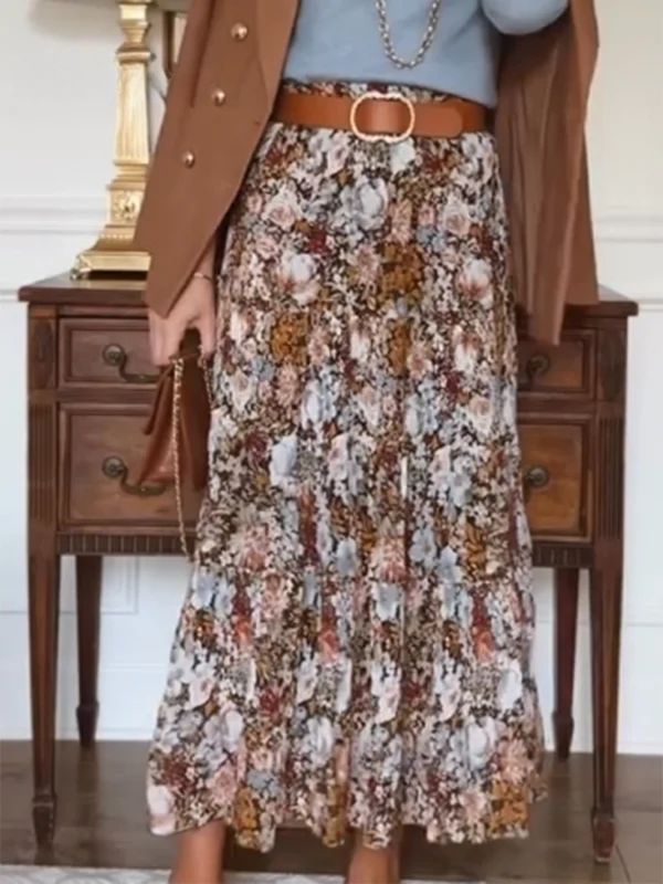 Autumn and Winter Floral Print Elastic Waist Skirt
